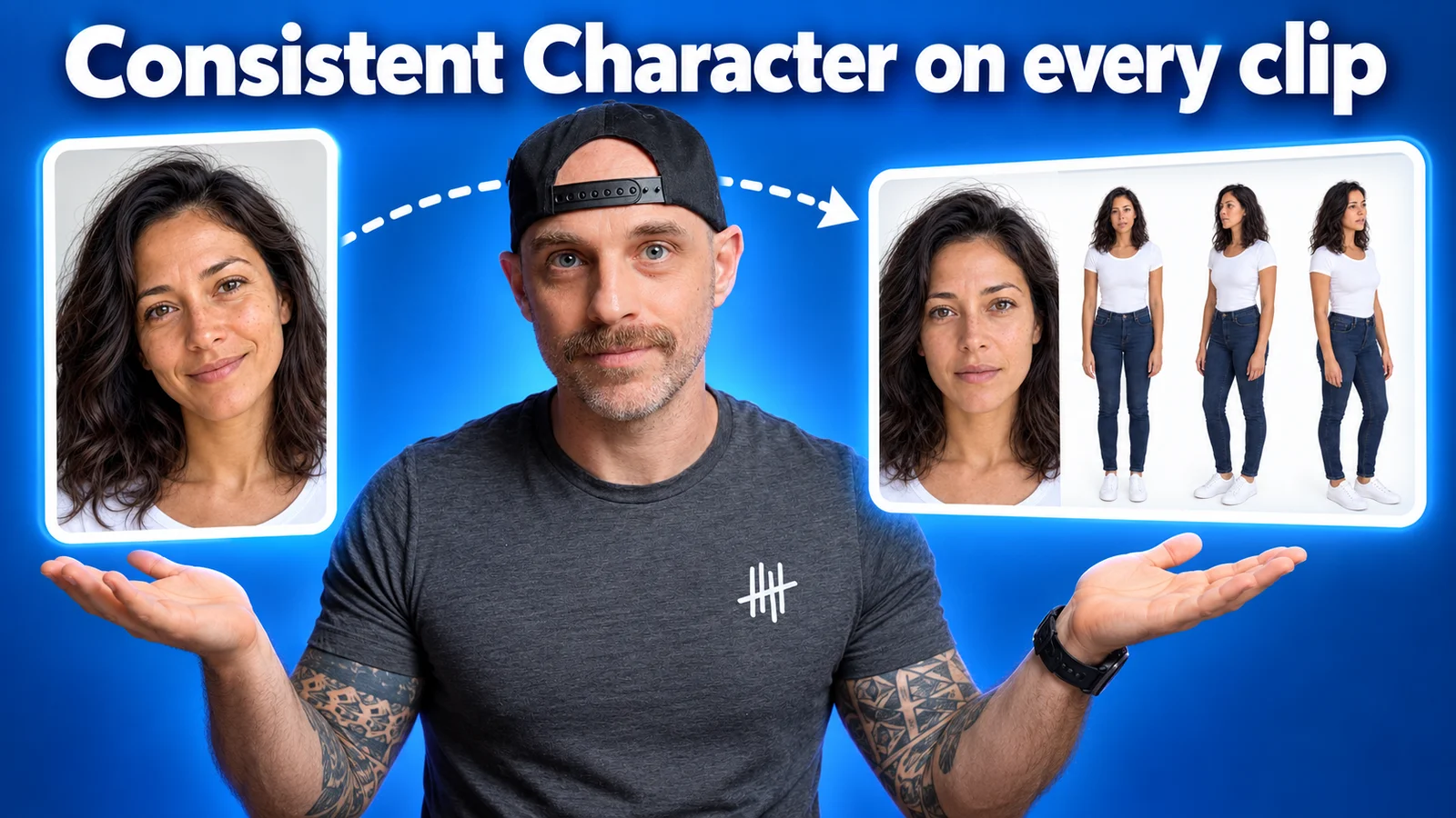 Consistent character on every clip: one actor photo turned into a four-panel character reference sheet
