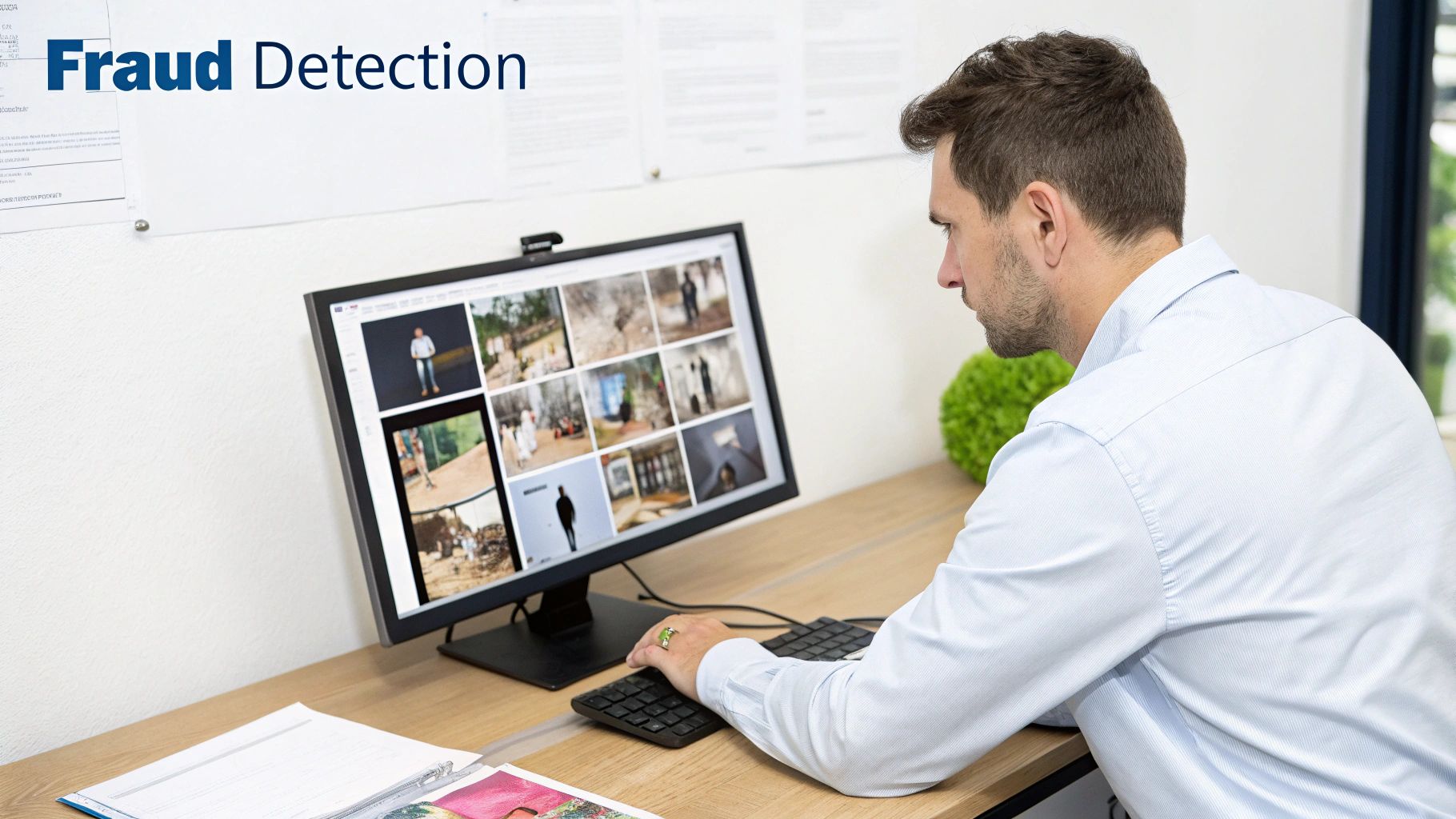 Man at a desk using a computer for fraud detection, viewing multiple images.