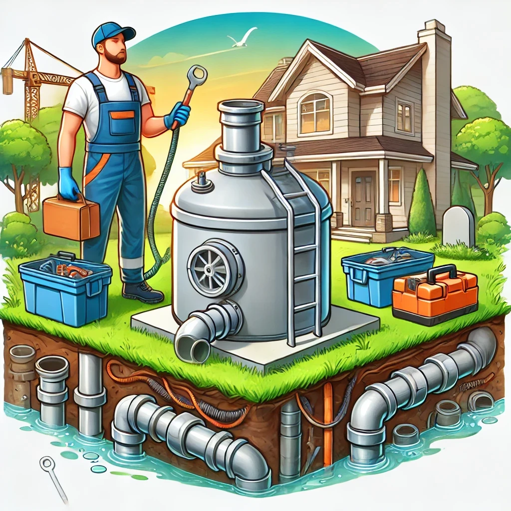 Illustration of a technician maintaining a septic tank in a residential yard with visible pipes and tools.