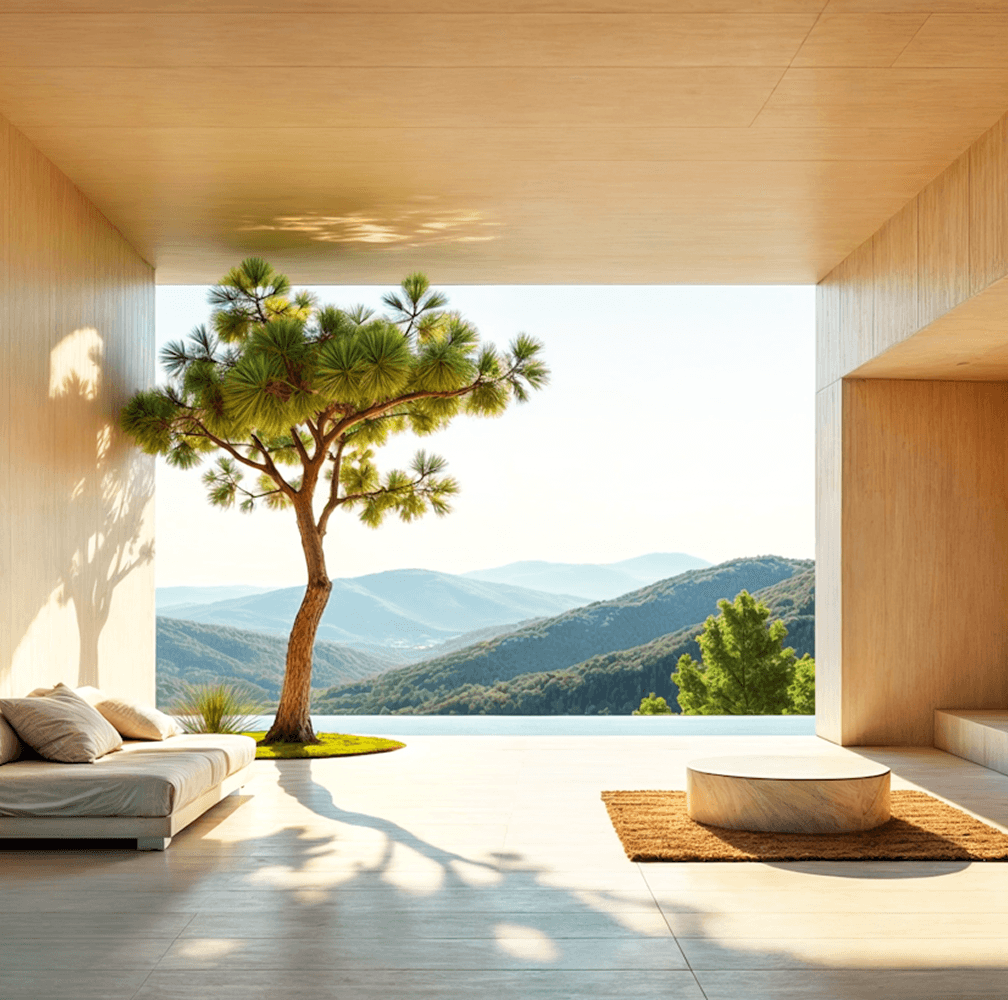 Minimalist living room with mountain view and decorative tree.