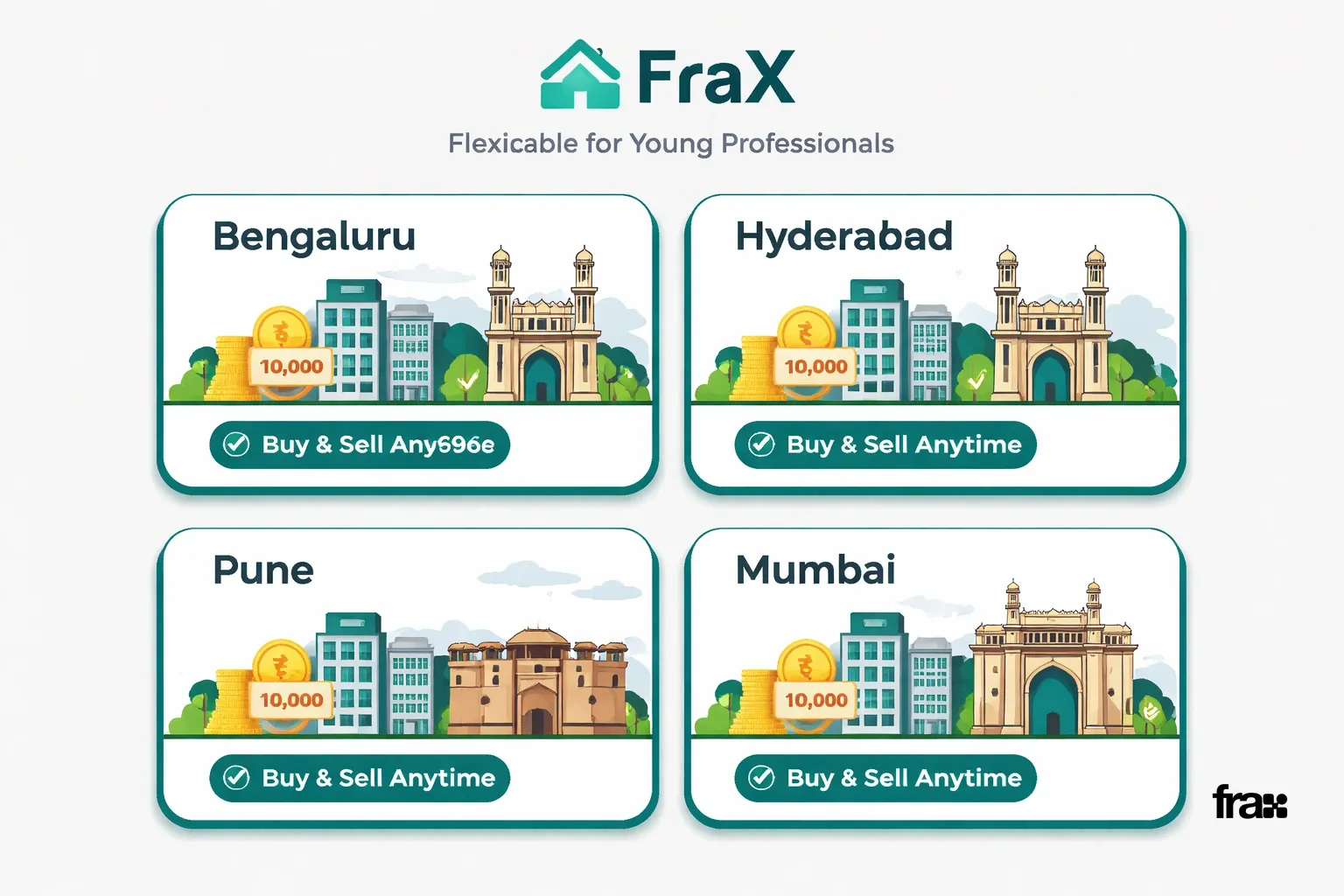 Four minimalist cards showing top Indian cities for fractional real estate investment, each with investment details and flexibility features, on a light gray background with accent color borders.