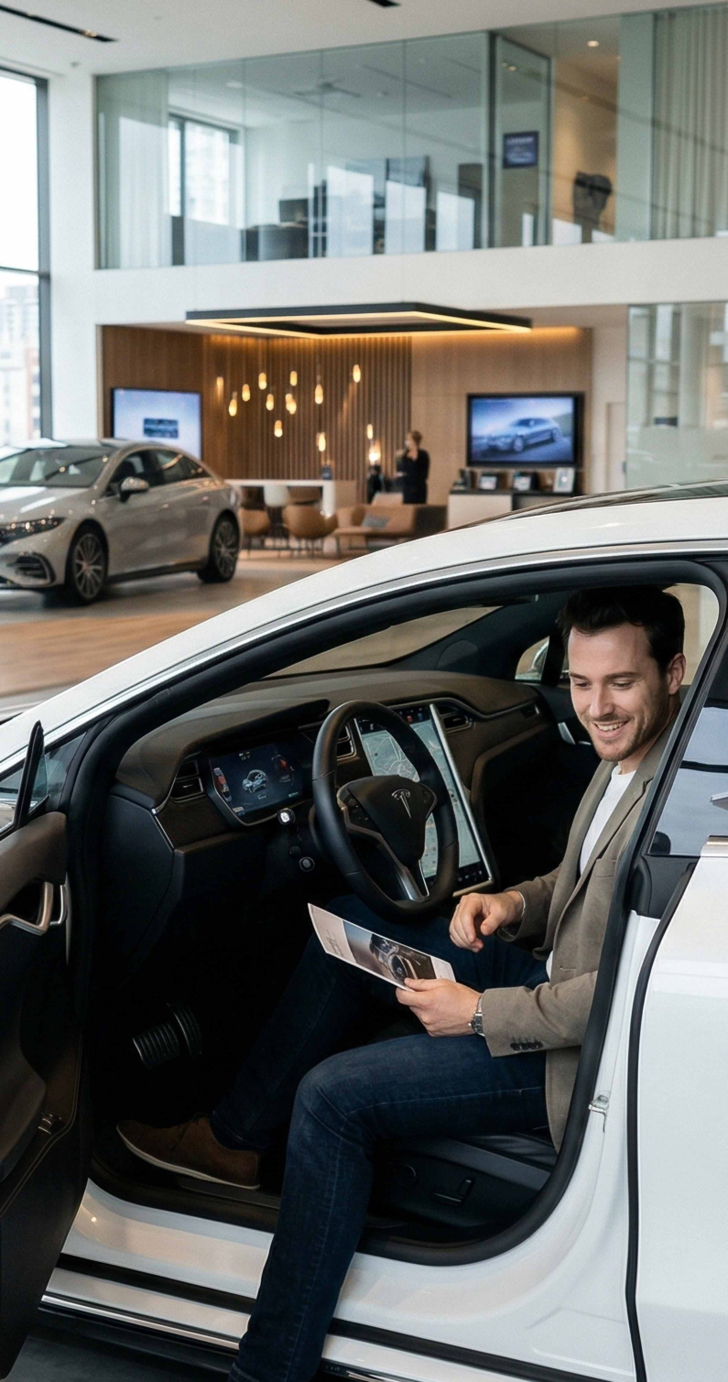 Client essayant un véhicule en concession, représentant l'utilisation du call-tracking dans le secteur automobile