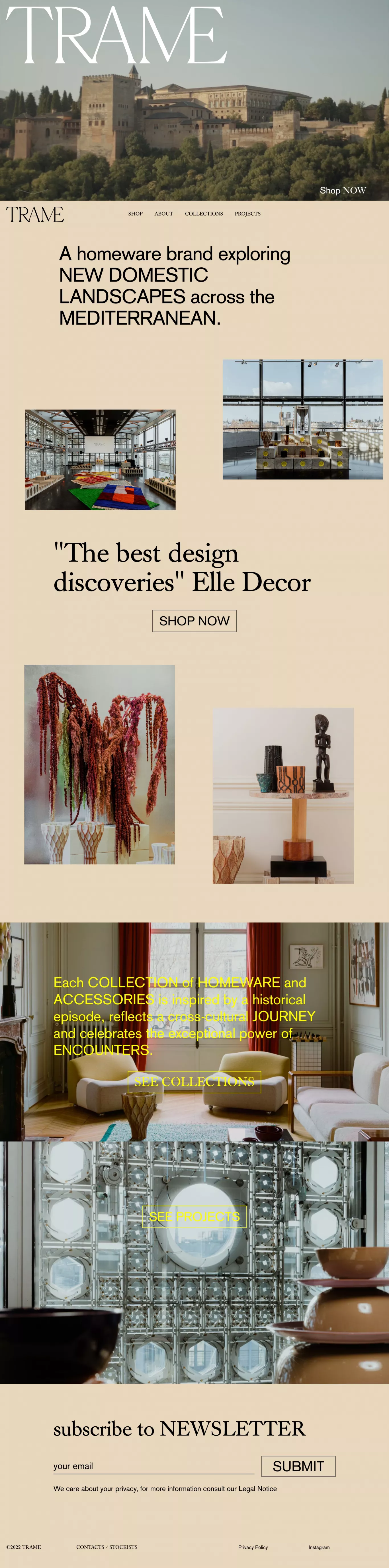 TRAME ecommerce page screenshot showcasing Design and Art design