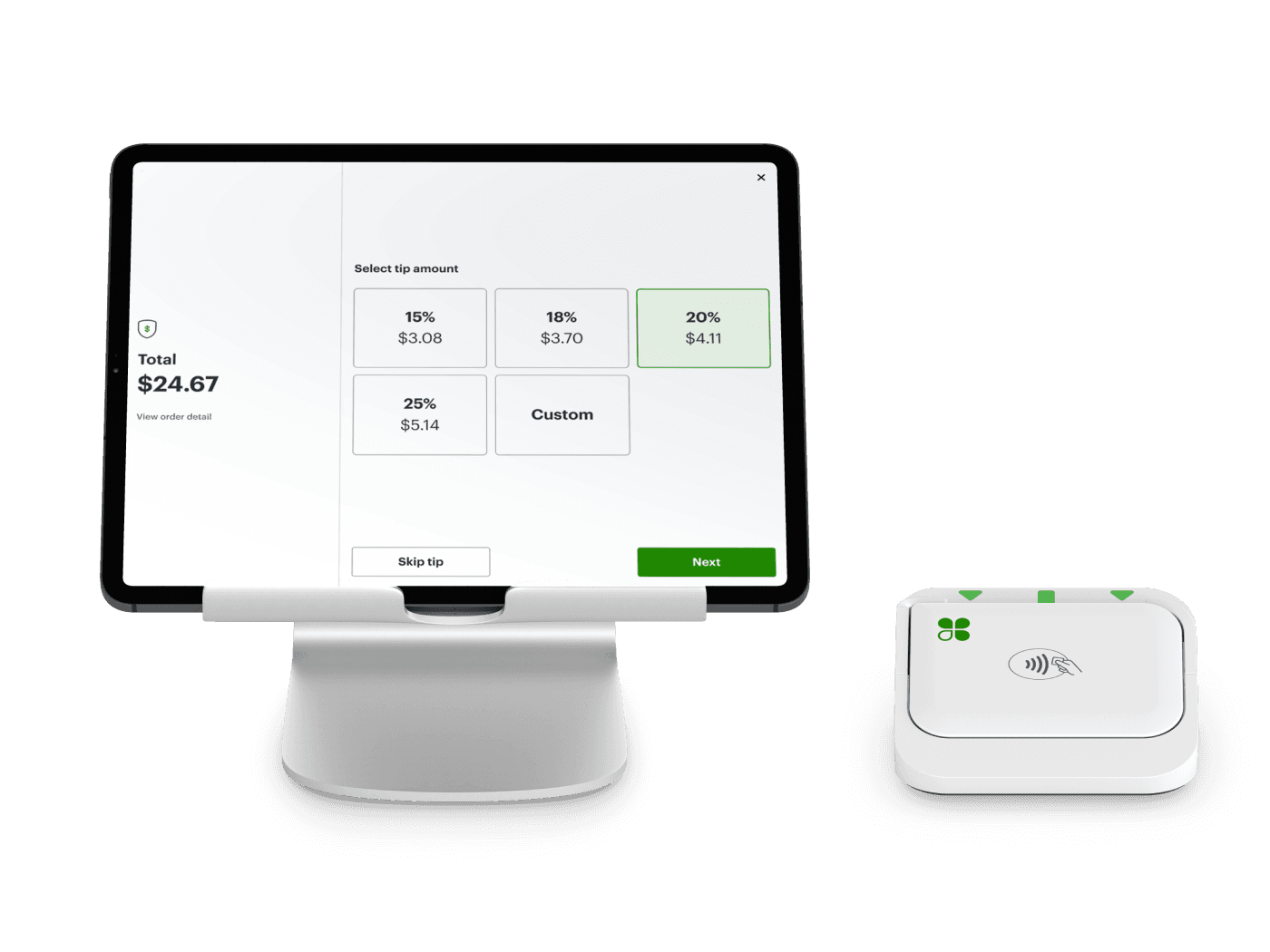 Customer making a contactless payment that is paired with the Clover Go app on a tablet