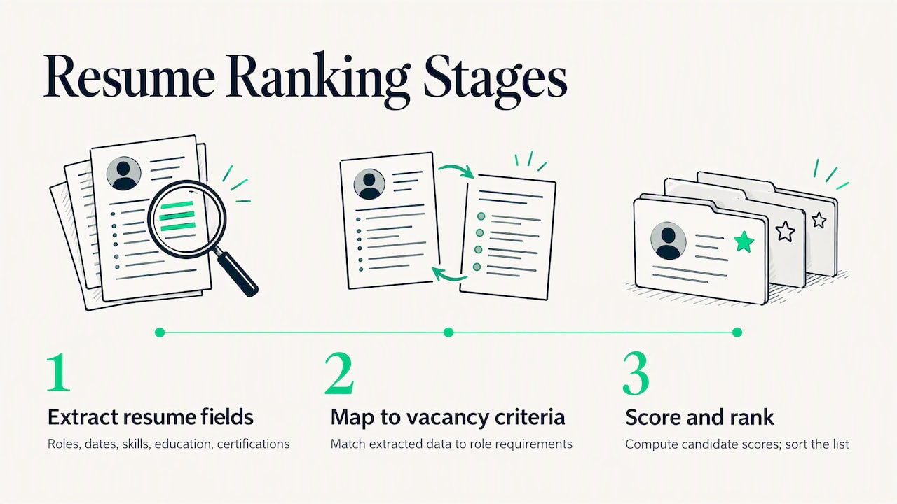 Three stages from resume data to ranked candidates