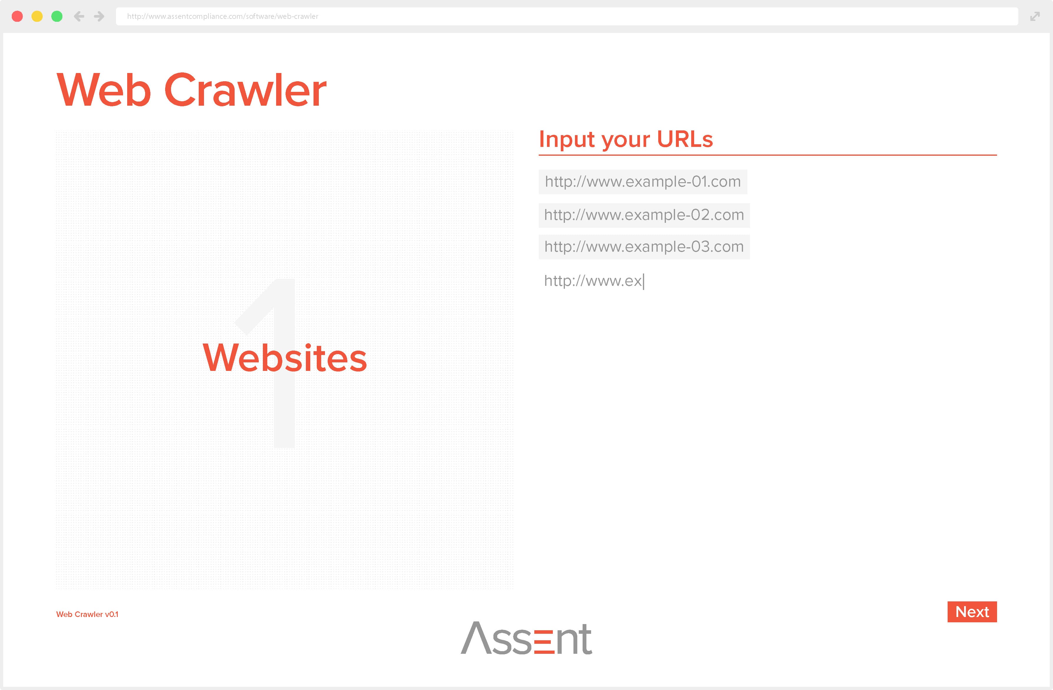 Screenshot of Assent Compliance’s web crawler interface, step 1, where users input website URLs, with a large 'Websites' label on the left and text fields on the right.