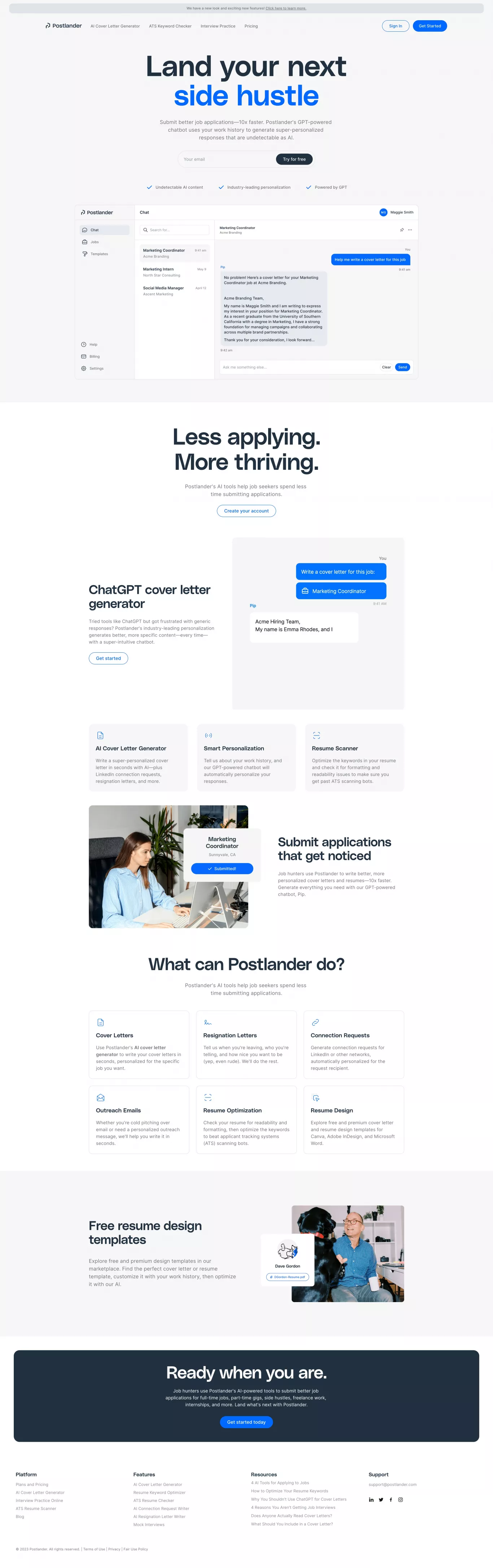 Postlander landing page screenshot showcasing HR and Tech design