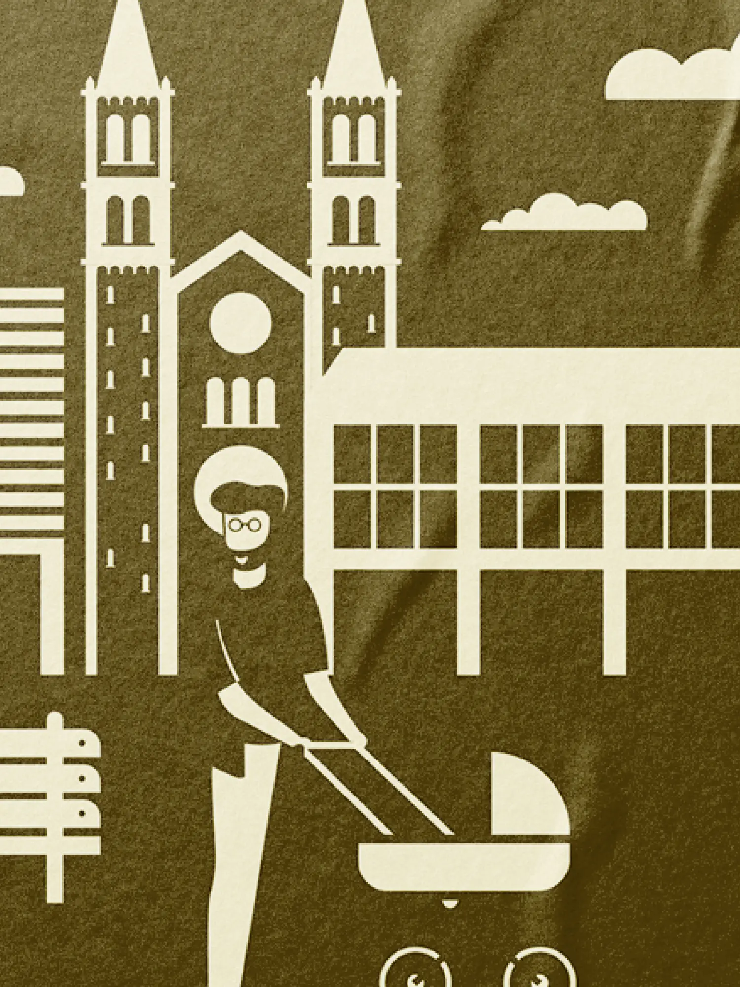 Illustration eines Mannes mit Kinderwagen vor Würzburger Dom und modernem Gebäude in Grüntönen.