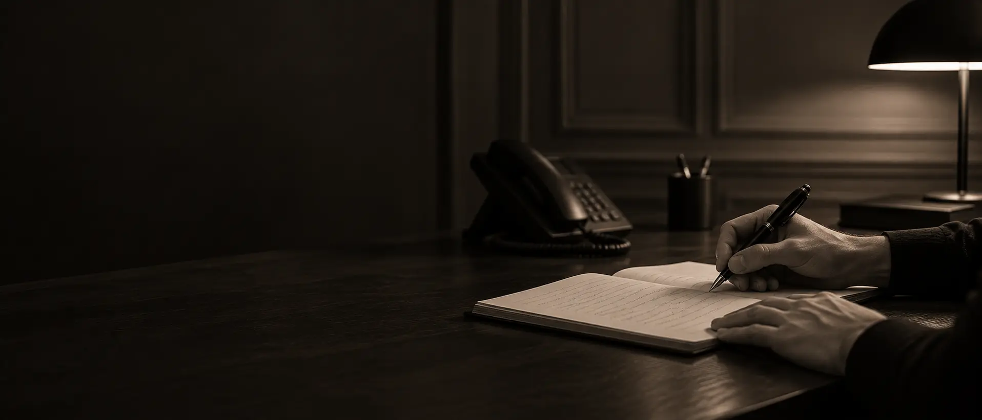A hand writing notes at a desk beside a phone, lit by a desk lamp