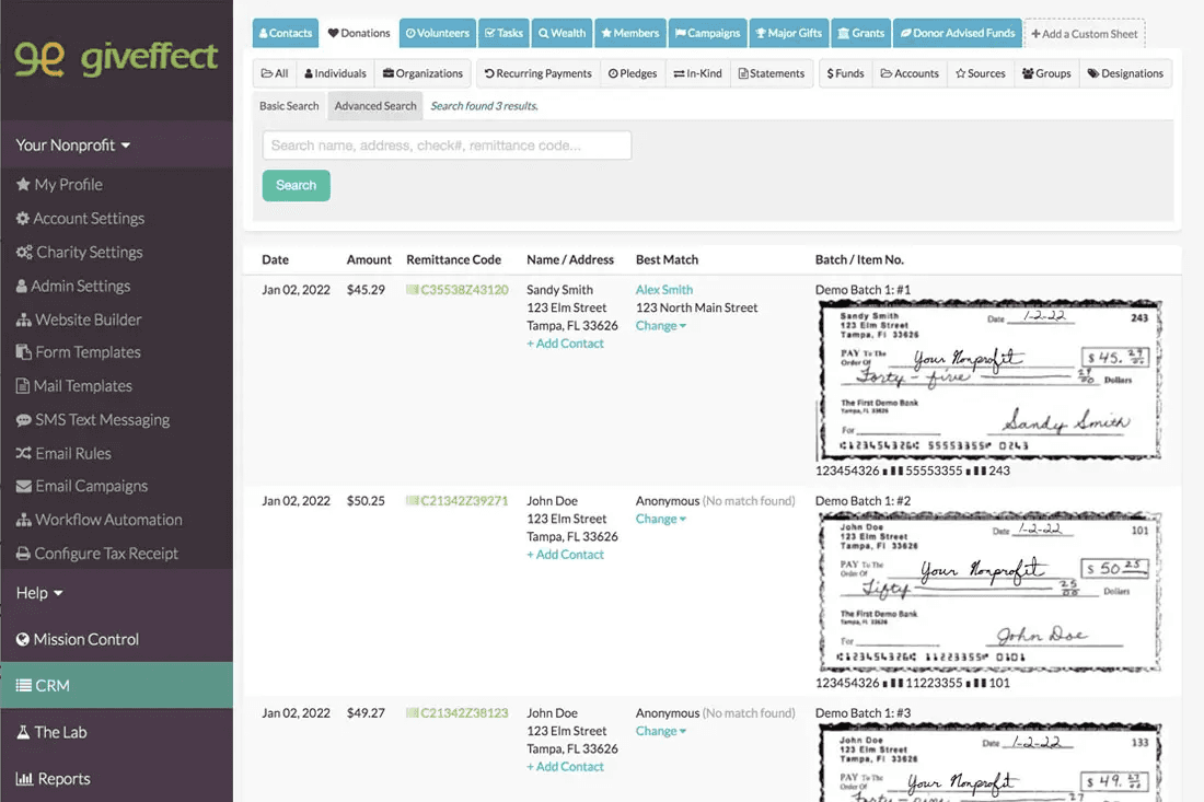 Interface of Giveffect’s CRM