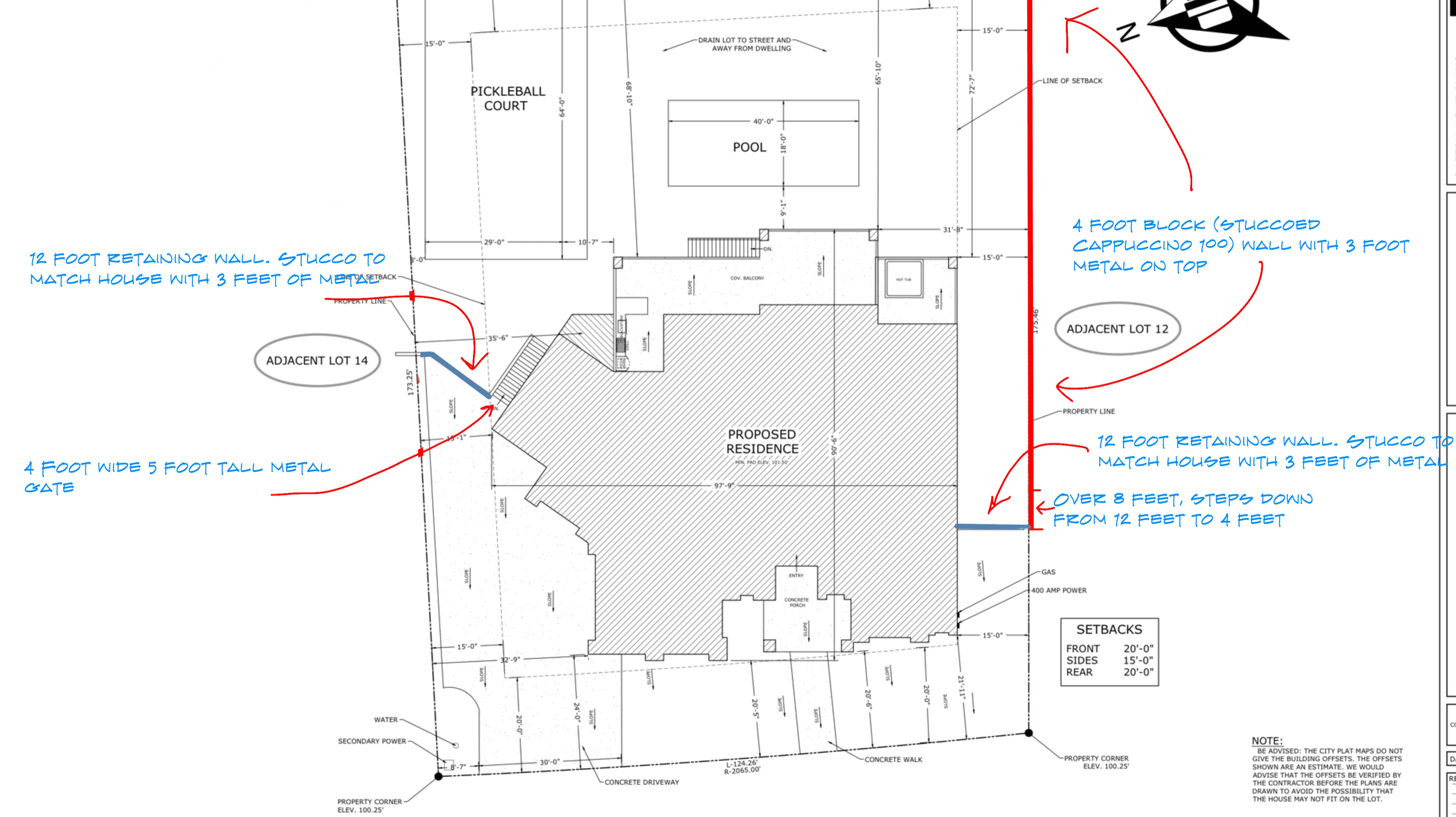 Lot drawings of a Hurricane, Utah custom home with redlines showing wall locations and materials for ACC approval process.