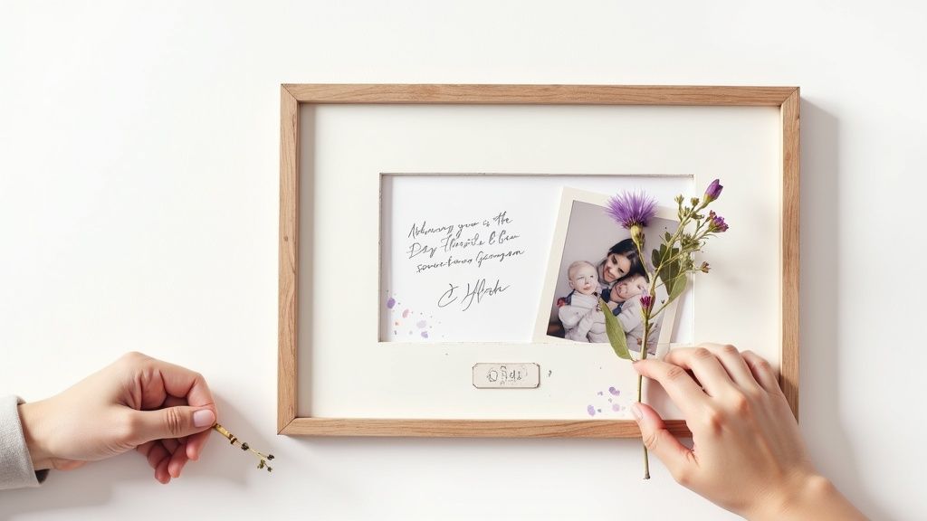 Hands decorating a custom photo frame with a handwritten message, a family picture, and purple flowers.