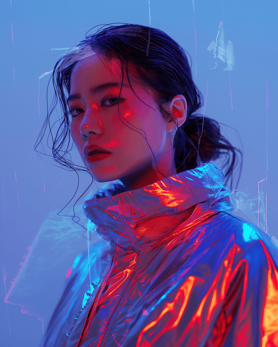 A woman in a reflective jacket poses against a backdrop of bright neon lights, highlighting her stylish appearance.