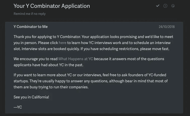 Email from Y Combinator