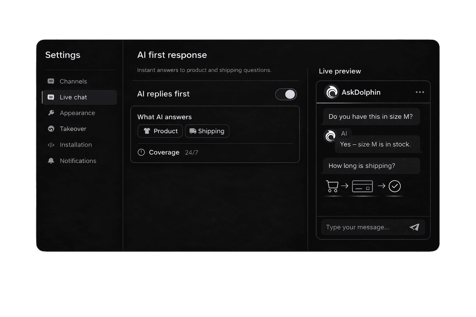 Dark mode settings screen showing AskDolphin AI first response in Shopify live chat with a live preview where AI answers product and shipping questions instantly.