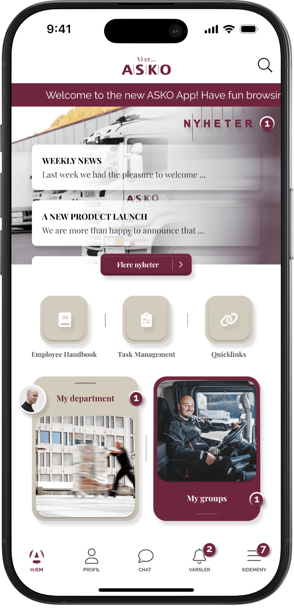Mobile app interface showing the ASKO internal app home screen with news, navigation, and employee tools.