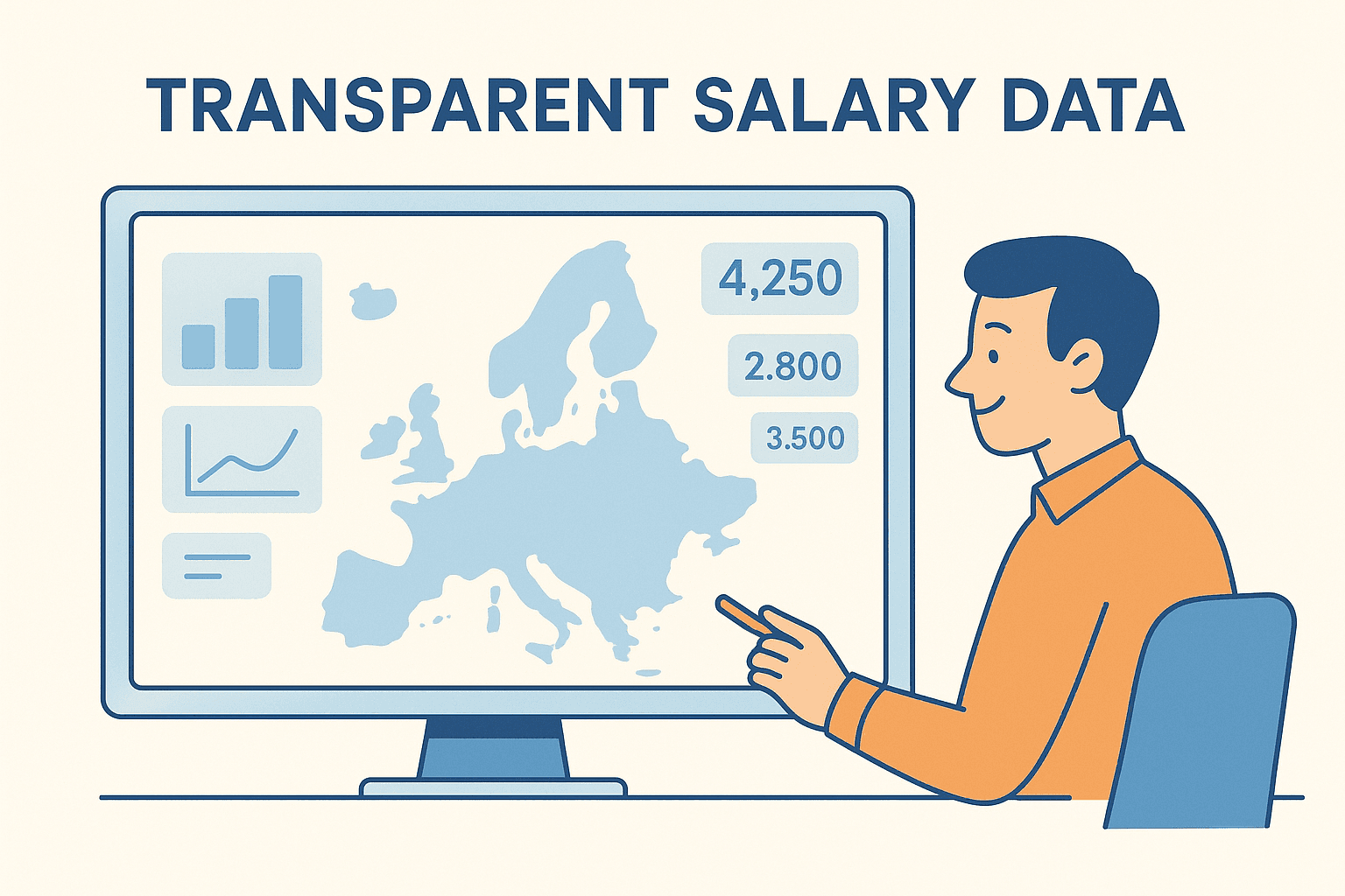 Flat vector illustration showing a professional analysing salary transparency data on a large monitor with a map of Europe. The screen displays light blue charts and salary figures, while the character in an orange shirt points at the data. The image uses a soft pastel palette with beige background, blue tones, and minimalistic editorial style.