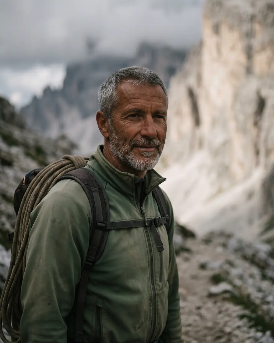 Marco De Luca, a grey-bearded man with a climbing rope on a Dolomites trail
