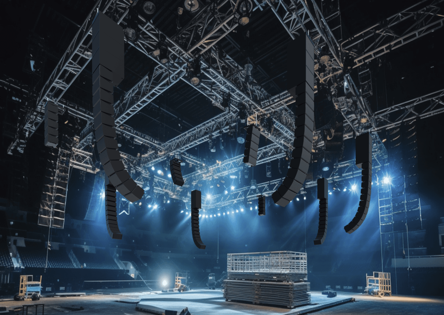 Revit render showing stage rigging with Q-SYS loudspeaker flown line arrays.