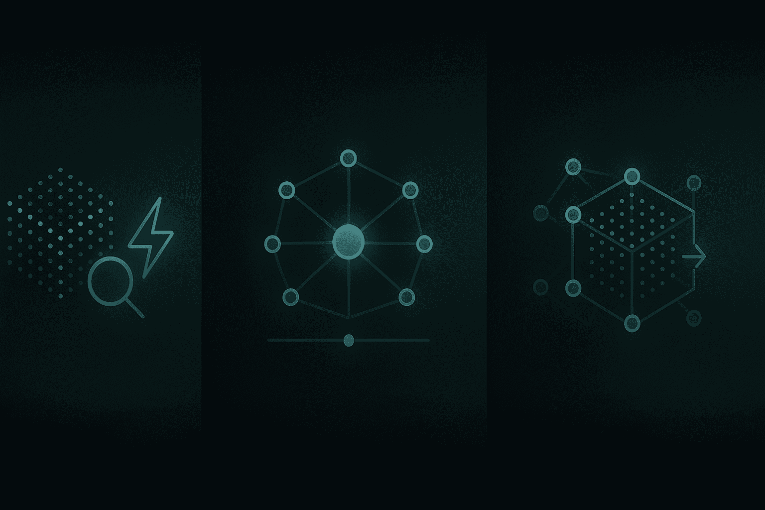 Side-by-side panels illustrating vector store, graph memory, and hybrid architectures