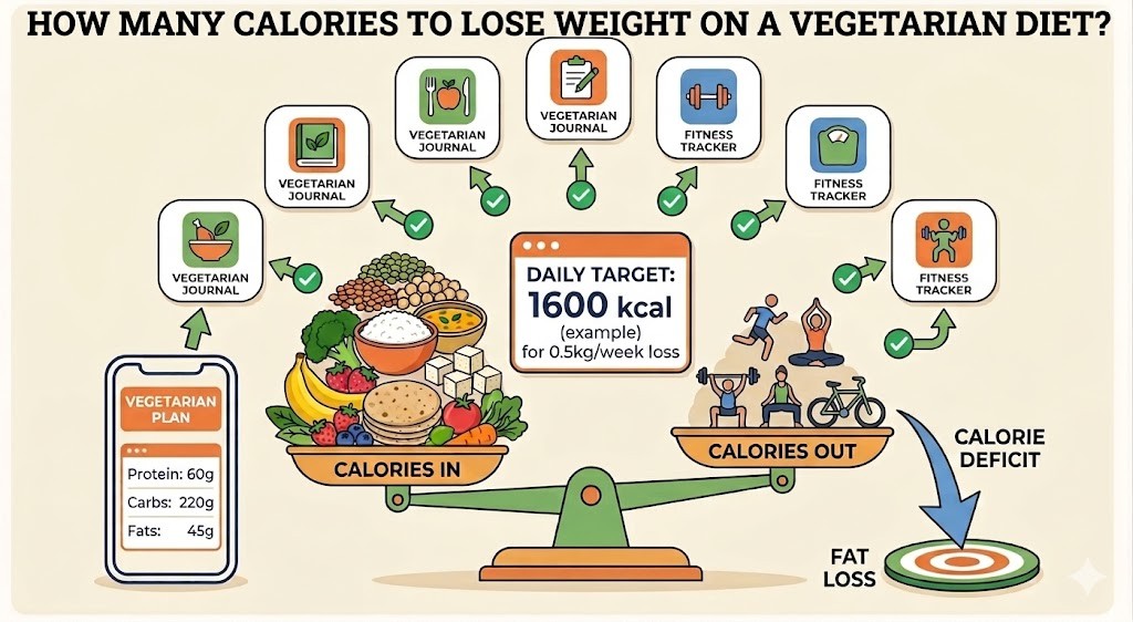 An illustrative infographic on a beige background titled, 'HOW MANY CALORIES TO LOSE WEIGHT ON A VEGETARIAN DIET?'. A balance scale shows 'CALORIES IN' from a pile of vegetarian foods like fruits, vegetables, tofu, and grains, and 'CALORIES OUT' from icons of people running, weightlifting, and practicing yoga. A phone displays a 'VEGETARIAN PLAN' with macro breakdowns, and floating app-like icons show 'Vegetarian Journal' and 'Fitness Tracker'. A central target indicates 'DAILY TARGET: 1600 kcal'. An arrow points from 'CALORIES OUT' to a 'FAT LOSS' target with the label 'CALORIE DEFICIT'. The style is a clean, modern vector illustration.