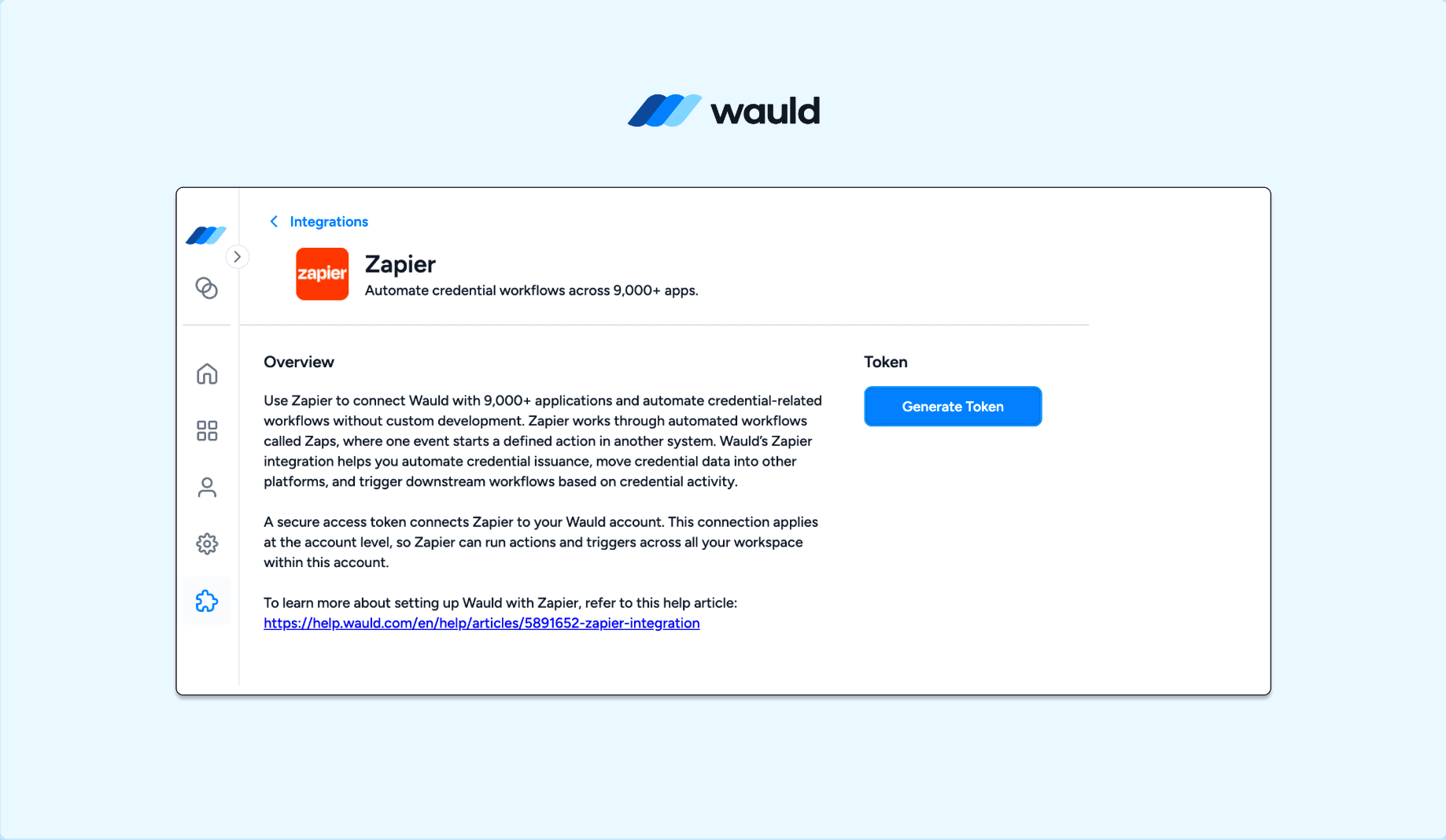 Wauld integrations dashboard showing the Zapier connection option and Generate Token button