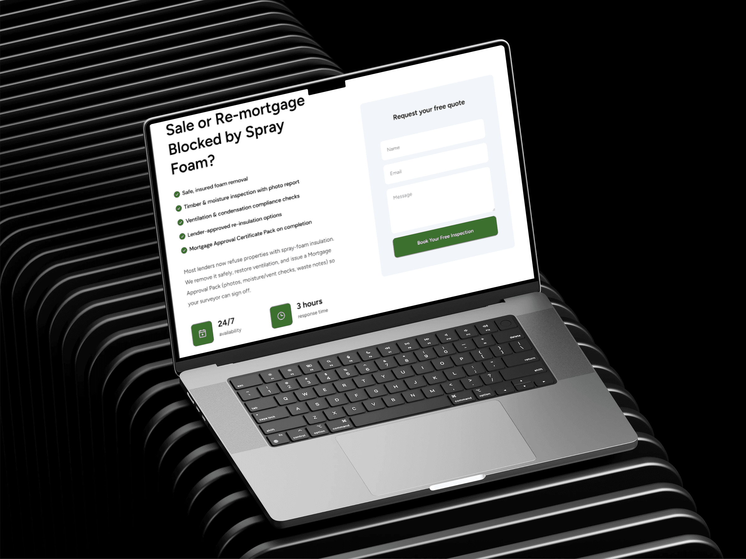 A sleek laptop with a modern design is open, displaying a web page about spray foam mortgage issues, featuring a request form for quotes and green check marks next to key points, all set against a dark, ribbed surface backdrop.