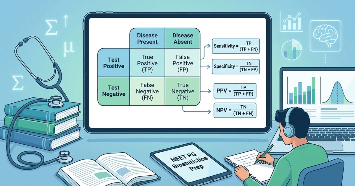 Cover: How to Study Biostatistics and PSM for NEET PG 2026: Sensitivity, Specificity, PPV, NPV and High-Yield MCQ Strategy