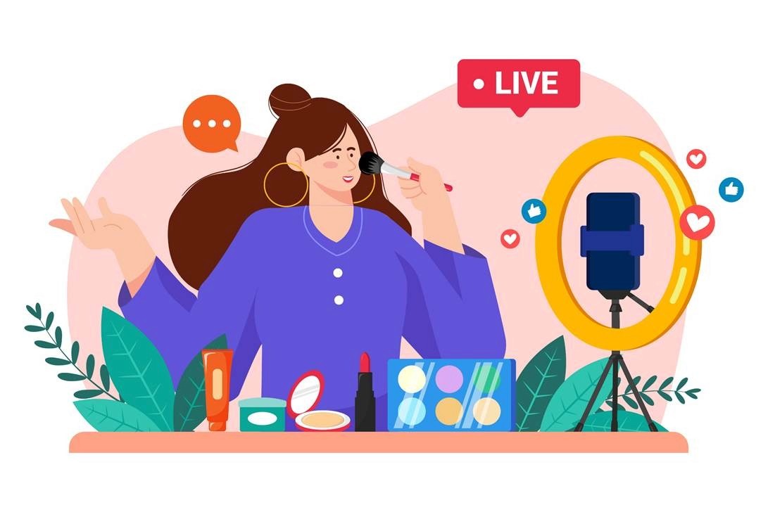 Beauty influencer live streaming a makeup tutorial with ring light and social media reactions
