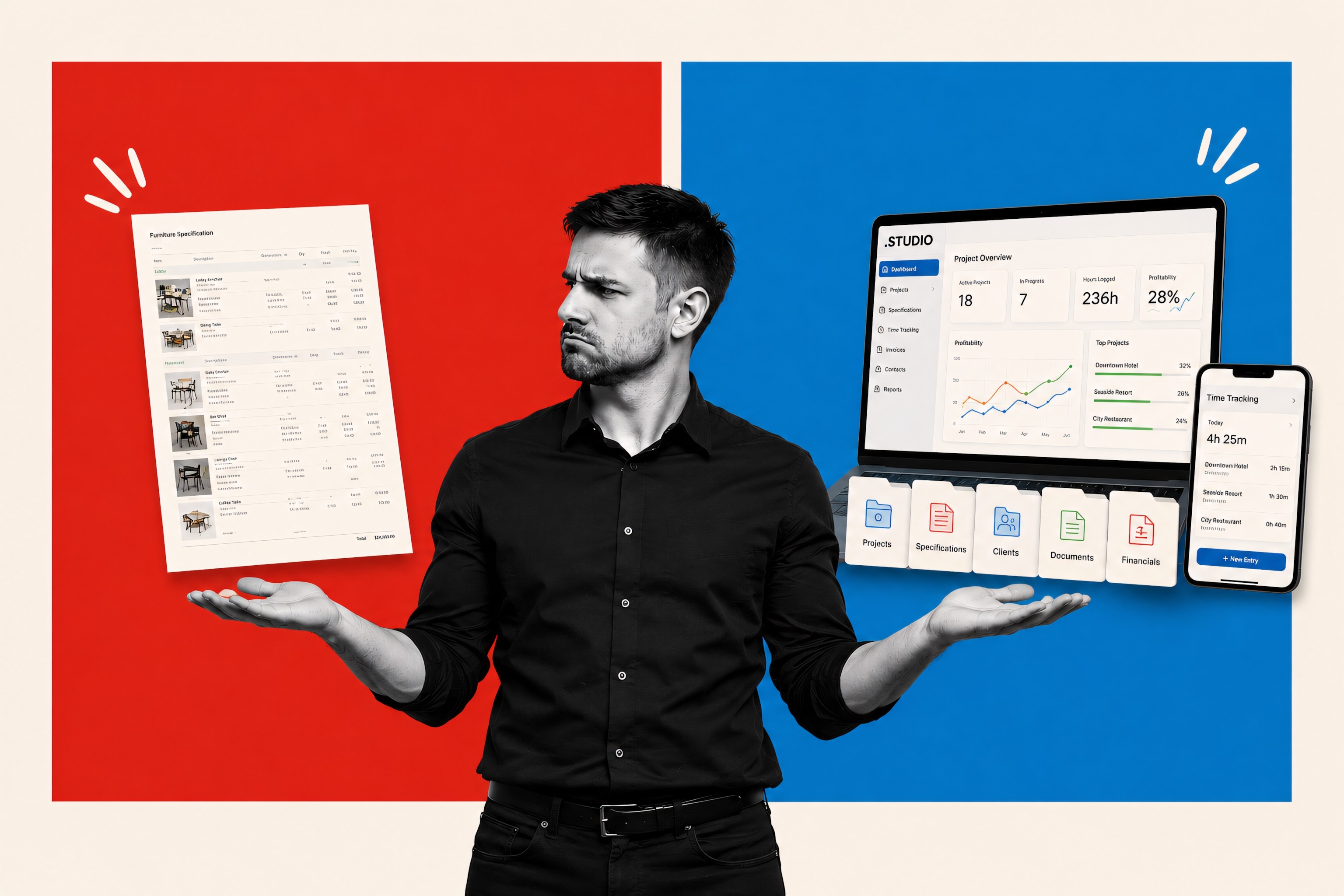 Professional man comparing standalone specification document versus connected studio operating system dashboard, editorial collage illustration with black-and-white subject on bold red and blue geometric background, showcasing design workflow decision-making between traditional specs and integrated software systems.