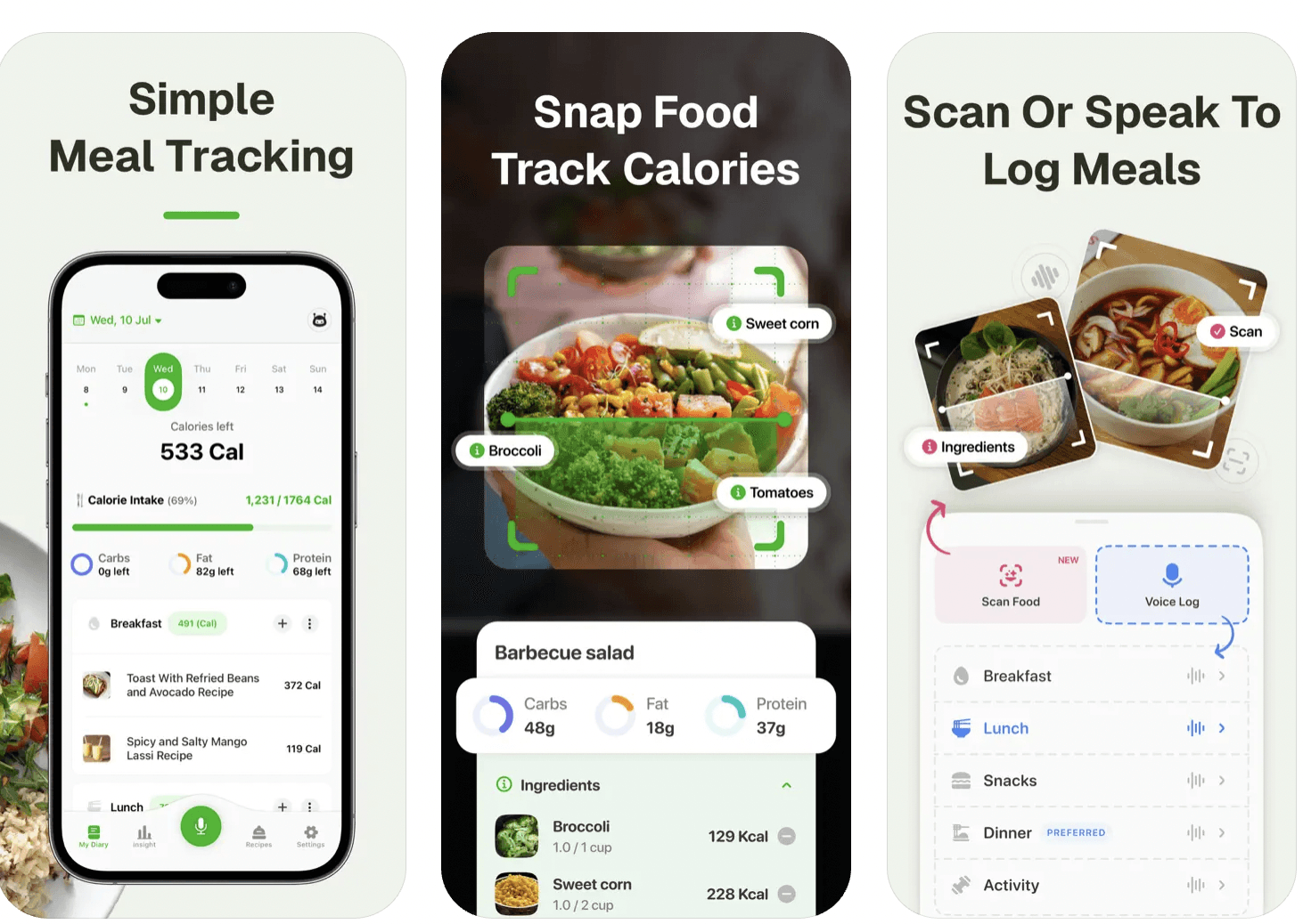 features of caloric shown in phone mockup screenshots
