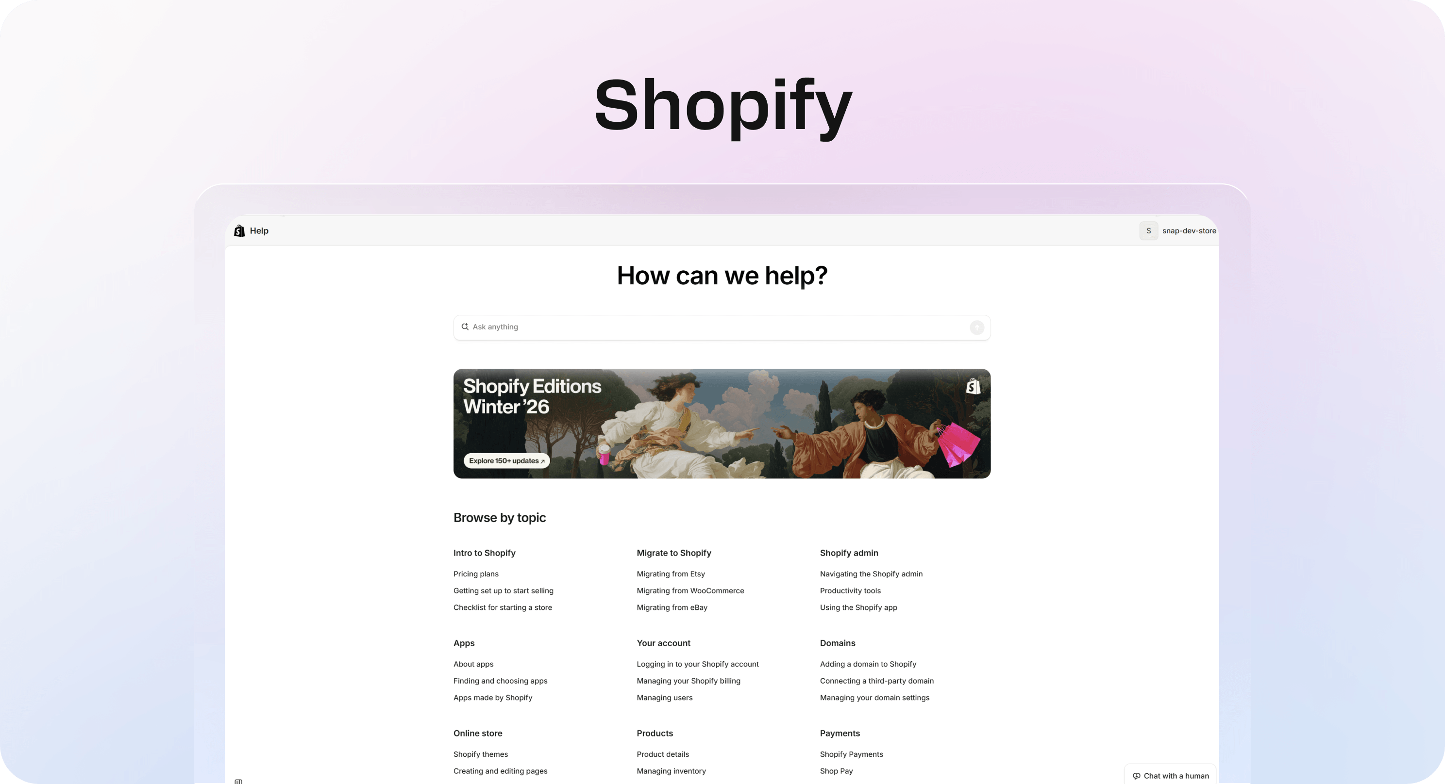 Screenshot of Shopify’s help center with search, a featured banner, and topic-based links for store setup, apps, products, and payments.