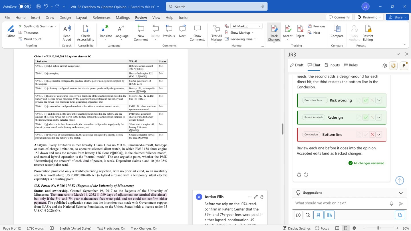 The draft opinion in Word with the JR3 task pane: the type detected (6 of 6 sections), Unified Drafting, Explain for in-house counsel with Locate, a comment, then two edits accepted as tracked changes and one rejected