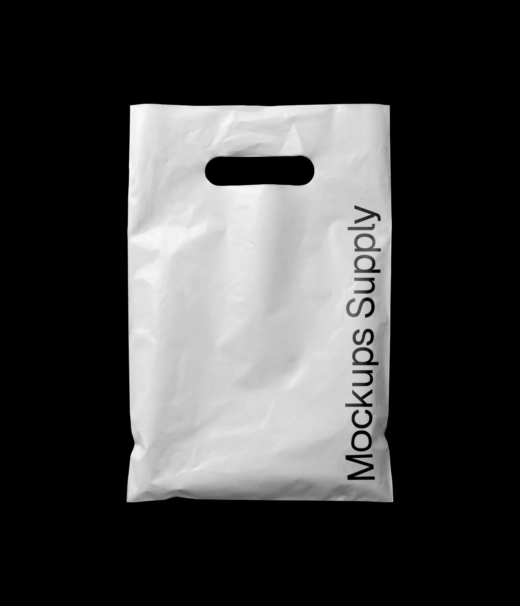 Crinkled plastic retail bag mockup front view, wrinkled die cut handle boutique branding 