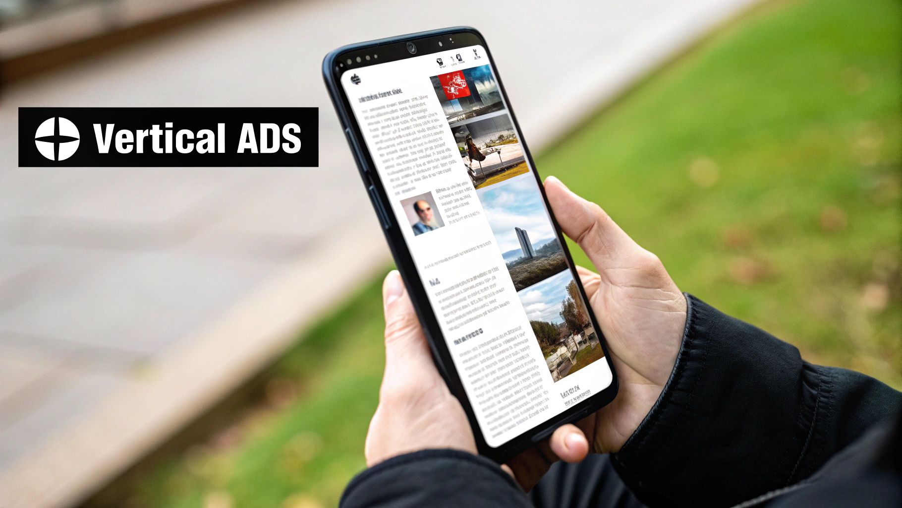 Person holding a smartphone displaying content with a prominent 'Vertical ADS' banner.