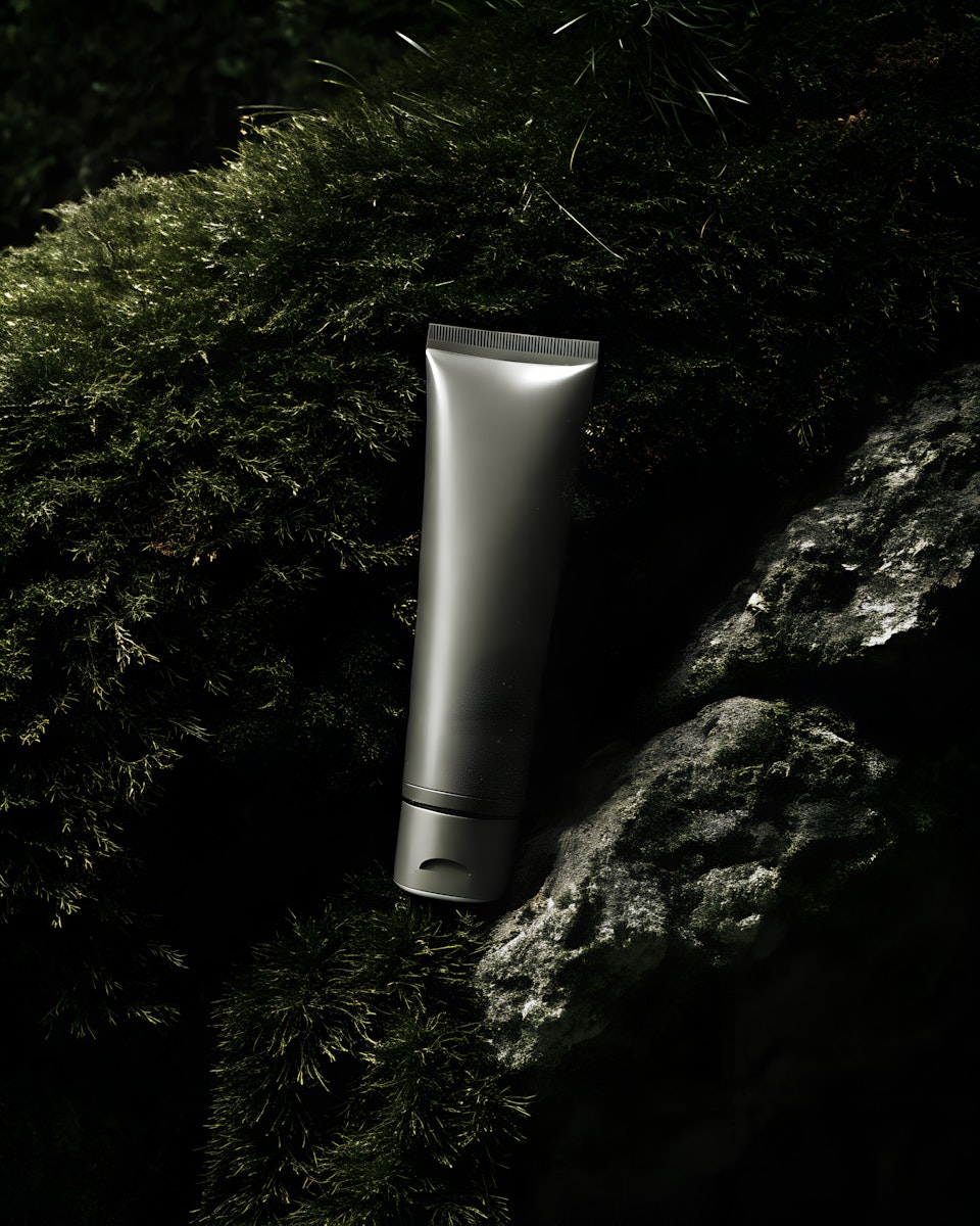 Skincare tube placed on moss-covered rocks in a dark natural setting, illuminated with subtle directional light.