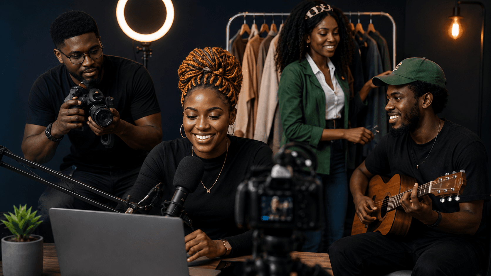A group of young African creators working together with a camera, microphone, fashion display and guitar.