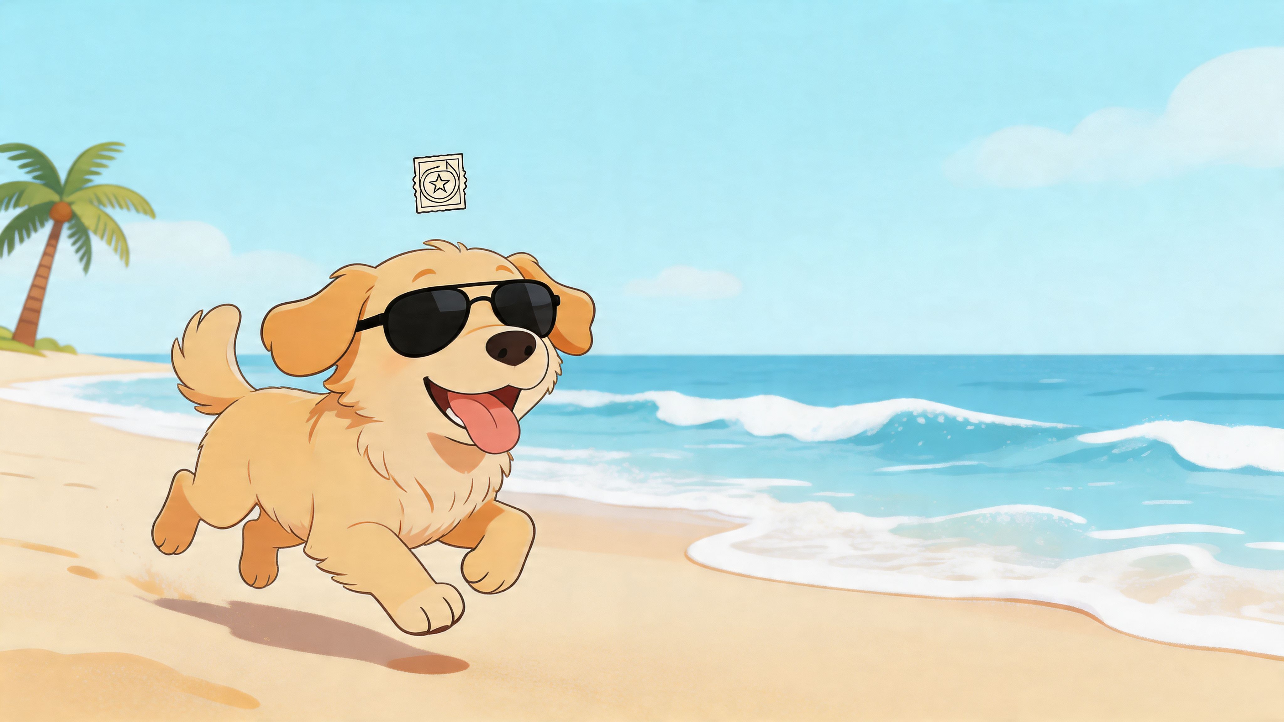 A happy golden retriever puppy wearing sunglasses running on a sunny beach near the ocean.