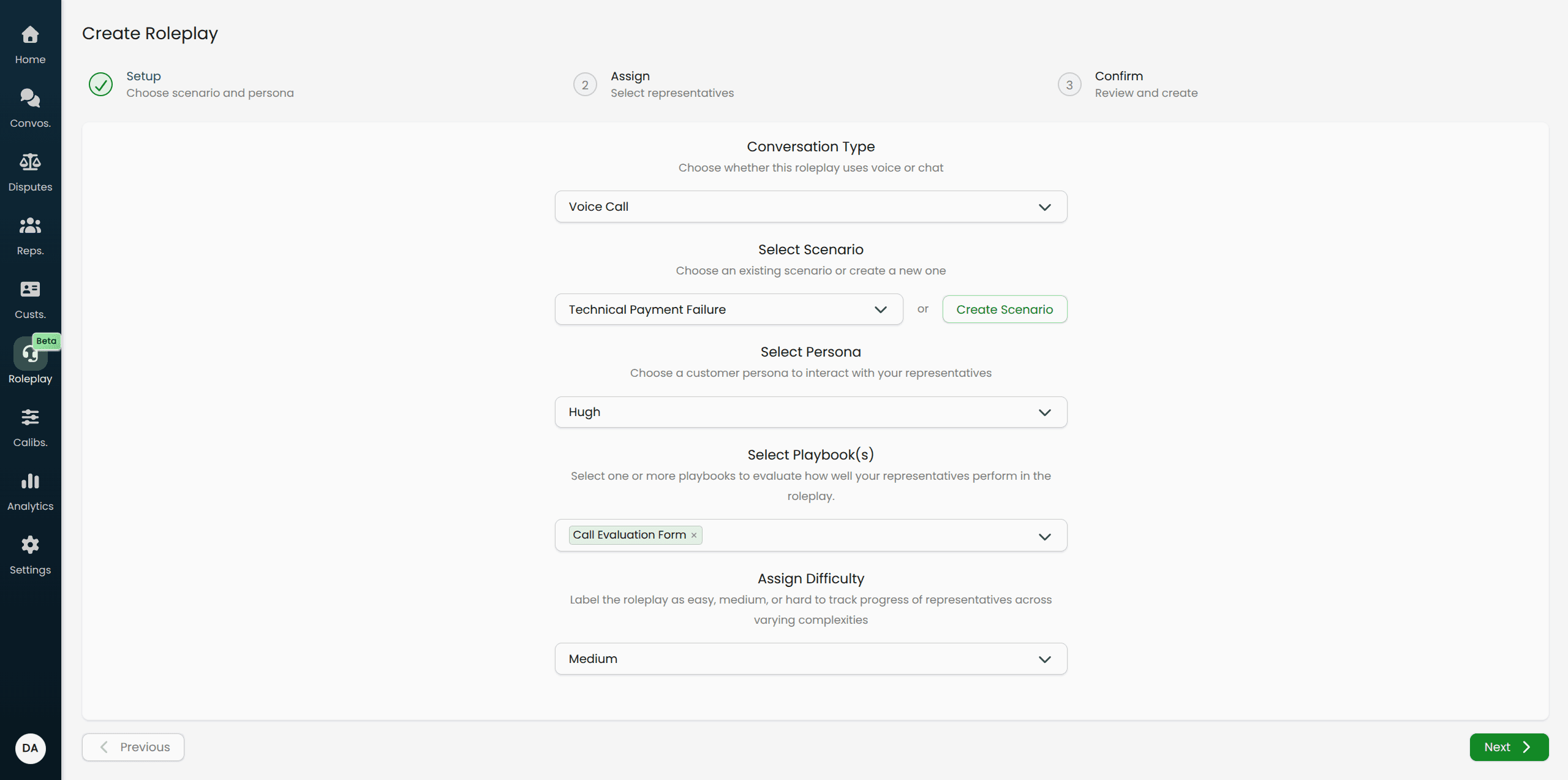 Screenshot of Step 1 of the Create Roleplay wizard, showing all five fields: Conversation Type, Scenario, Persona, Playbooks, and Difficulty.