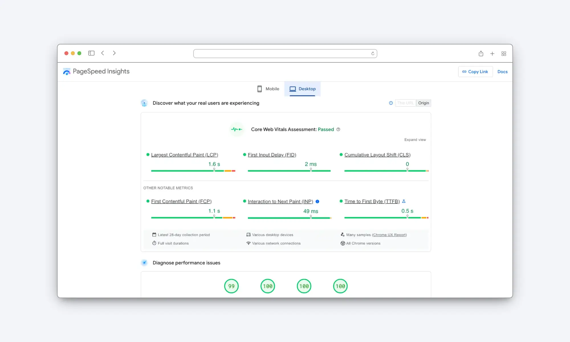 Core Web Vitals report for a website built in Framer