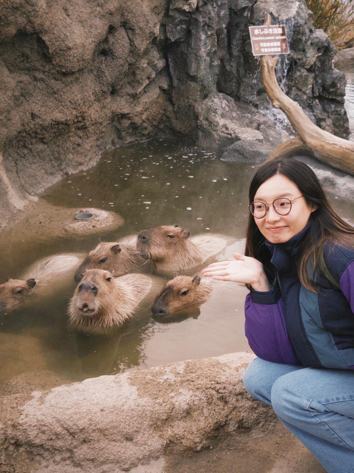 A person in a winter coat and furry hat walking along a snow-covered path through a forest of frosted trees.