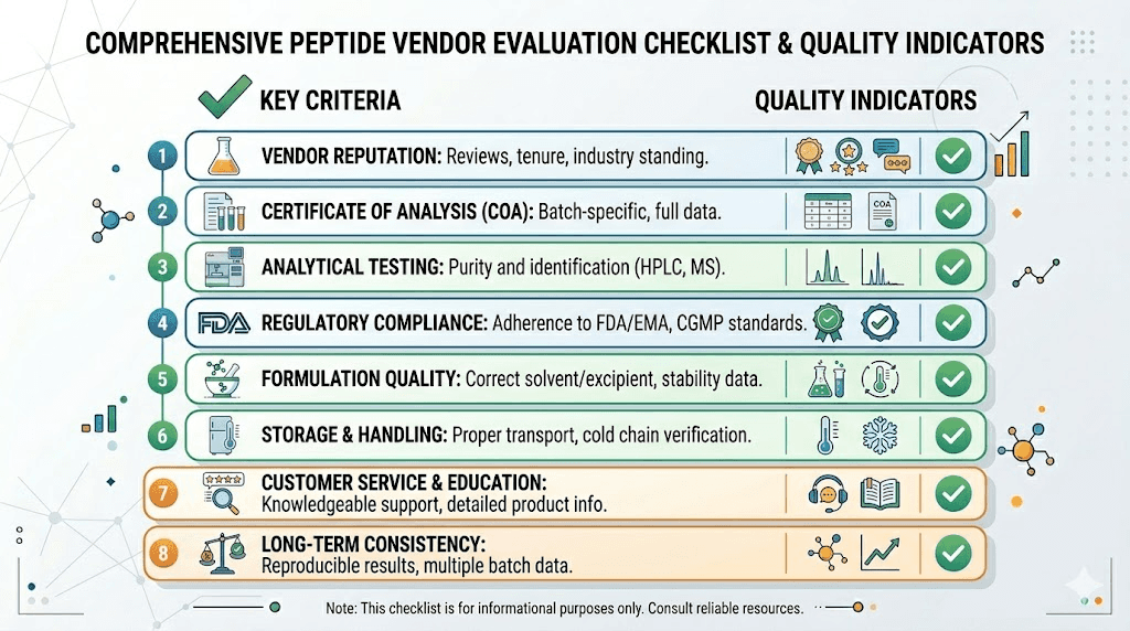 Complete peptide vendor evaluation checklist for buying GLP-1 peptides safely