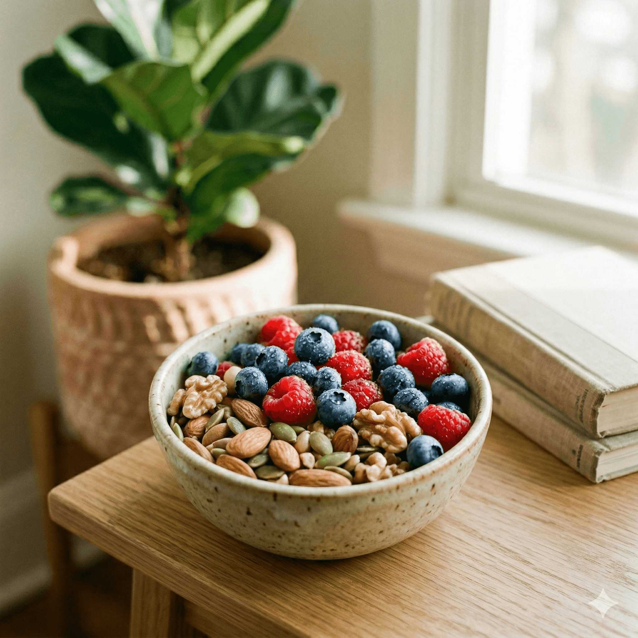 Sélection d'aliments riches en nutriments essentiels pour le cerveau, illustrant l'approche d'Andréanne Martin sur la nutrition au service de la clarté mentale.