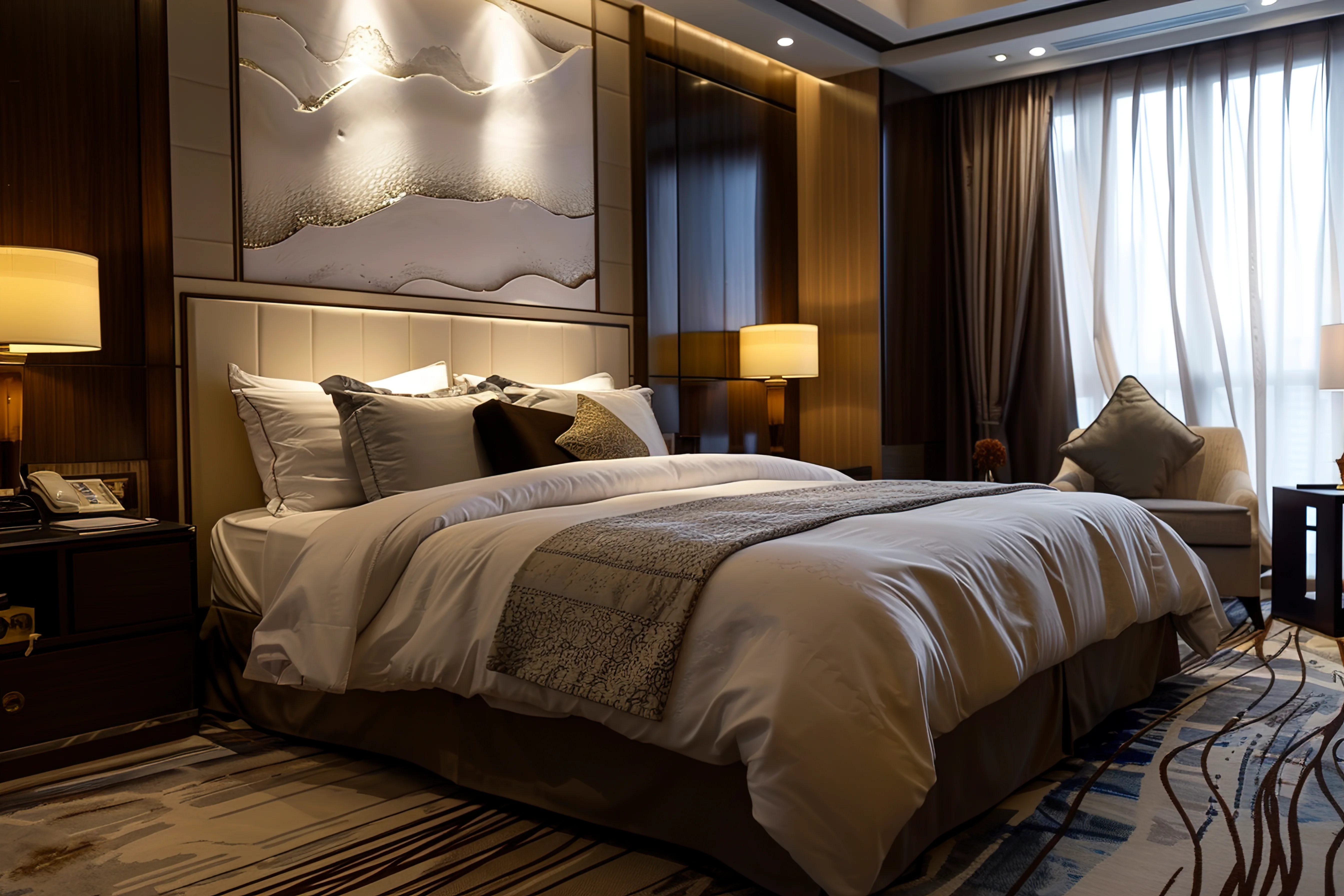 Dark wood-panelled room with backlit stone artwork