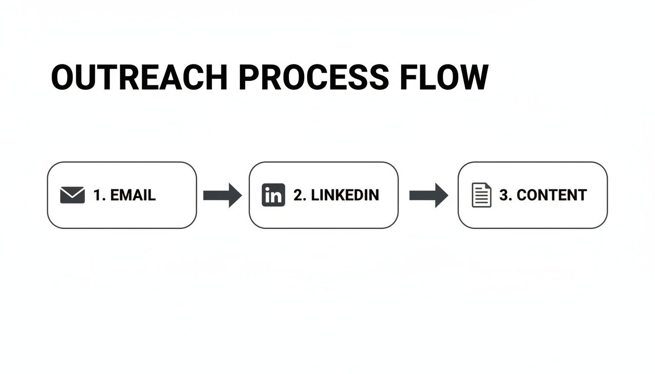 Flowchart illustrating an outreach process with steps: email, LinkedIn, and content.