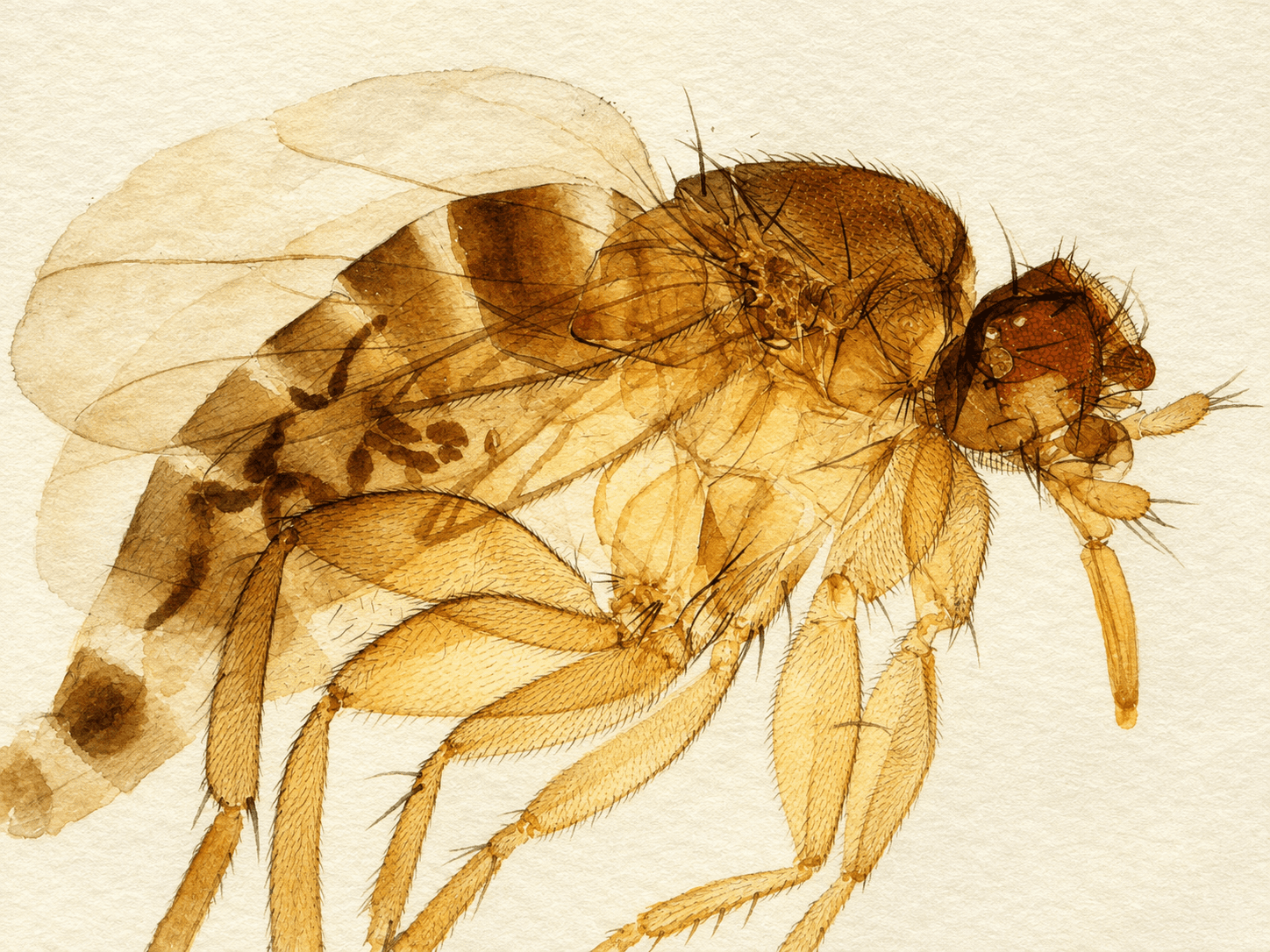 Watercolor study of a Drosophila melanogaster fruit fly
