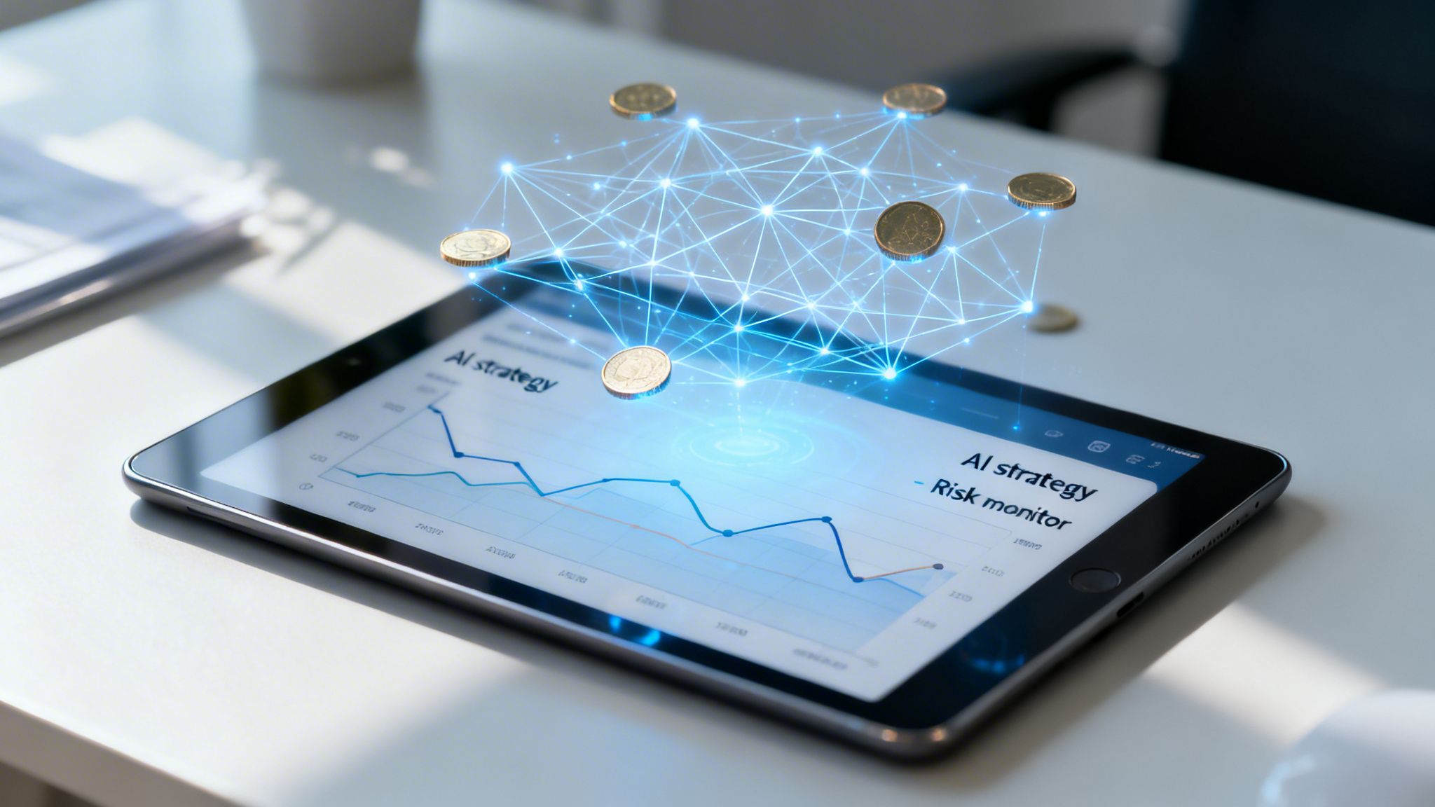 A tablet displays an AI strategy graph with floating gold coins connected by a glowing network, symbolizing digital finance.