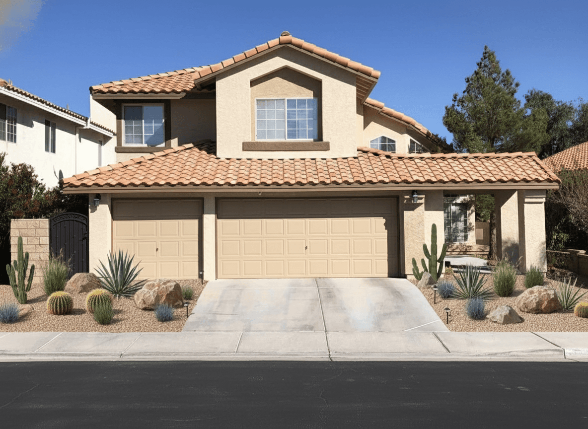 Desert oasis transformation — xeriscape with barrel cactus, agave, boulders, gravel beds