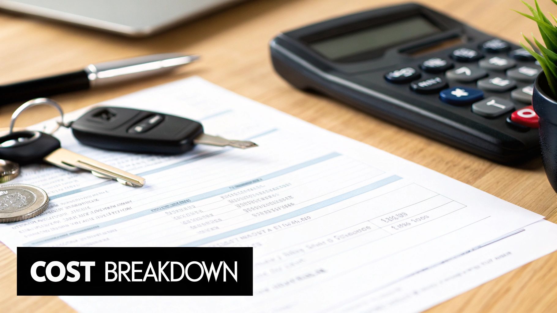 Car keys, coins, calculator, and a document with 'Cost Breakdown' overlay, symbolizing auto expenses.