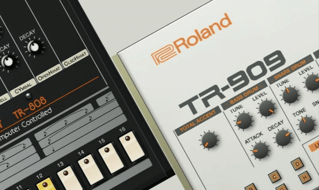The Roland TR-808 and TR-909 analog drum machines